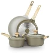 Bamb첫 6Pcs Cookware set, Die-cast Aluminum pots and pans, Nonstick frying pans and casseroles, Induction safe, PFOA-free (Green and Cream, 6 pcs)