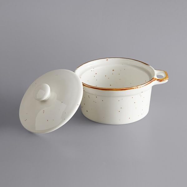 Keystone Stoneware Mini Casserole Dish with Lid, 8 oz, White with Brown Speckles, Round, Dishwasher and Microwave Safe, 6 Per Case