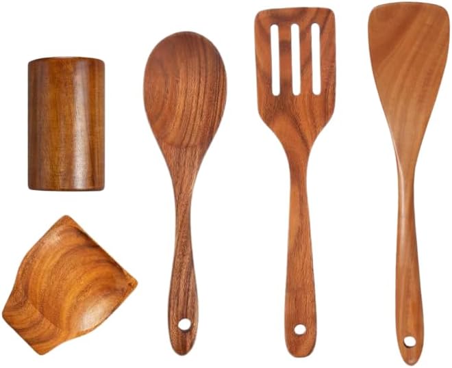 Wooden Spoons for Cooking - 5-Pcs Wooden Utensil Set - NonToxic Teak Cooking Utensil Sets - Heat Resistant Spatula with Utensil Holder with Spoon Rest - NonStick Wooden Cooking Utensils - A Gift