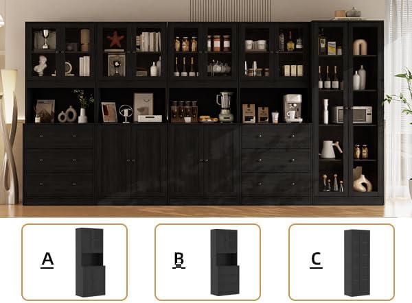 VOWNER 5PCS Bookshelf and Bookcase, 5-Tier Modern Bookshelves with 3 Large Drawer, Glass Display Cabinet with Lager Storage Shelf, Combination Storage Shelves for Home Office, (Black)