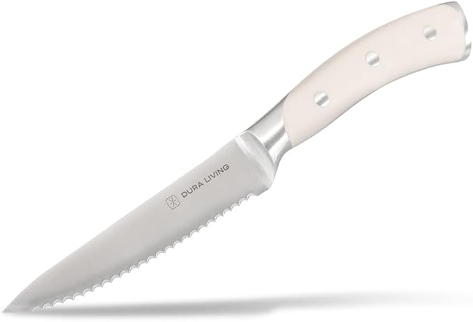 DURA LIVING 4-Piece Serrated Kitchen Steak Knife Set ??Forged High Carbon Stainless Steel, Ultra Sharp, Ergonomic Black Handles, Durable Dinner Knives, Cream Handle