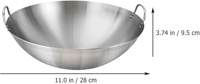 STOBOK Pots Wok Pan 28cm Double Handle Wok Stainless Steel Fry Pan Large Capacity Saute Pan Round Bottom Multipurpose Stewpot Skillet Works for Gas Cooktops Electric Frying Pan