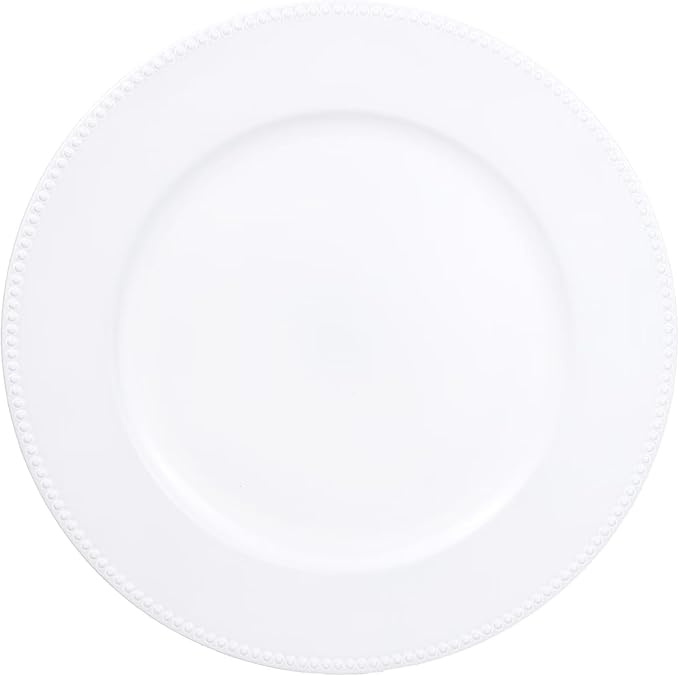 Set of 12 White Charger Plates with Beaded. 13" Reusable Plastic Table Chargers for Dinner Plates
