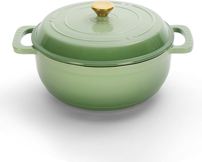 Dutch Oven Pot with Lid, 5 Quart Enameled Cast Iron Dutch Oven, Dual Handles, Kitchen Pots Oven Safe up to 500째F, Stovetop Compatible, Marinate, Cook, Bread Baking, Refrigerate & Serve, Green