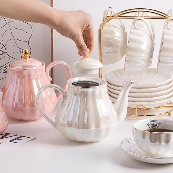 Sweejar Porcelain Tea Sets British Royal Series, 8 OZ Cups& Saucer Service for 6, with Teapot Sugar Bowl Cream Pitcher Teaspoons and tea strainer for Tea/Coffee (Coral White)