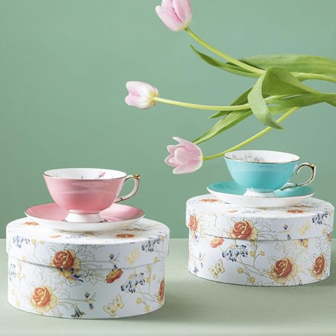 Aynsley Elizabeth Rose Fine Bone China Teacup and Saucer Set - 6.76oz Hand-Painted Gold-Trimmed Floral Vintage Set, Fancy Gift for Christmas/Wedding/New Year(Turq)