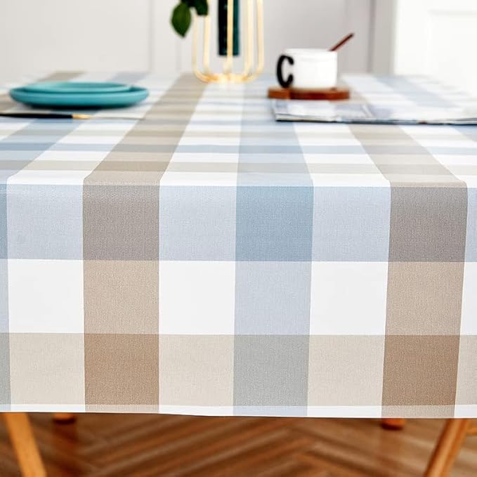 LOHASCASA Vinyl Oilcloth Tablecloth Rectangle Wipeable Peva Waterproof PVC Heavy Duty Stainproof Spillproof Large Tablecloth Farm Thanksgiving Banquet BBQ - Blue Grey Tan Plaid 9 ft 54 x 108 Inch