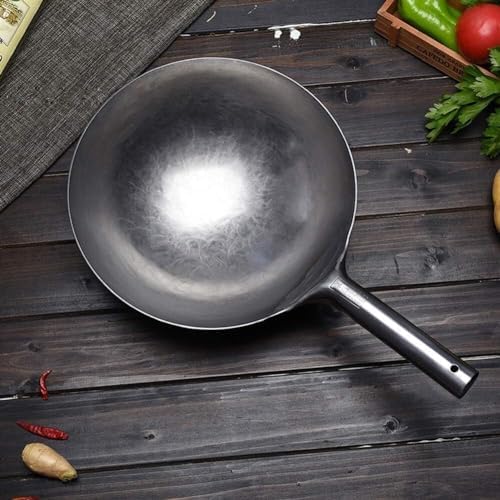 Authentic 14-Inch Hand Hammered Carbon Steel Wok, Non-Stick Stir Fry Pan with Flat Bottom, Perfect for High-Temperature Cooking & Even Heating (32CM)