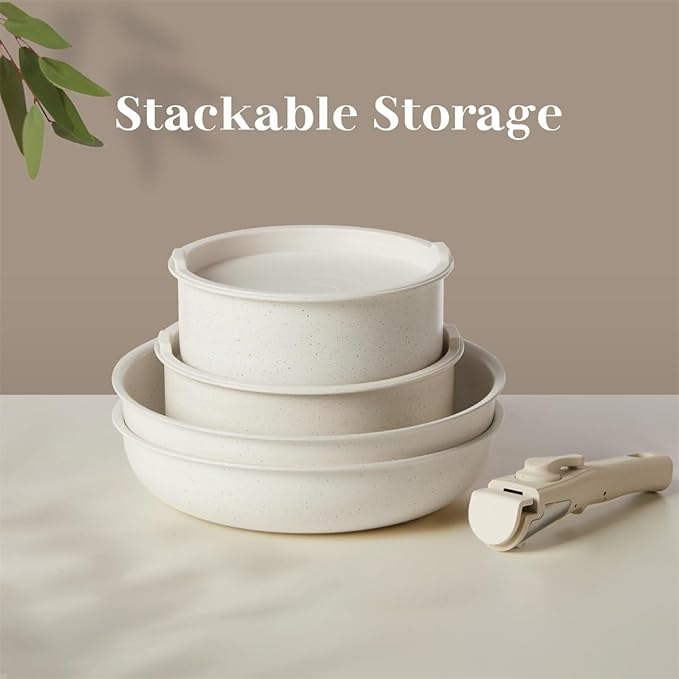 12 Pcs Pots and Pans Set, Nonstick Kitchen Cookware Sets Detachable Handle, Induction Healthy Non Stick RV Cookware, Dishwasher 竊?Oven Safe, Beige