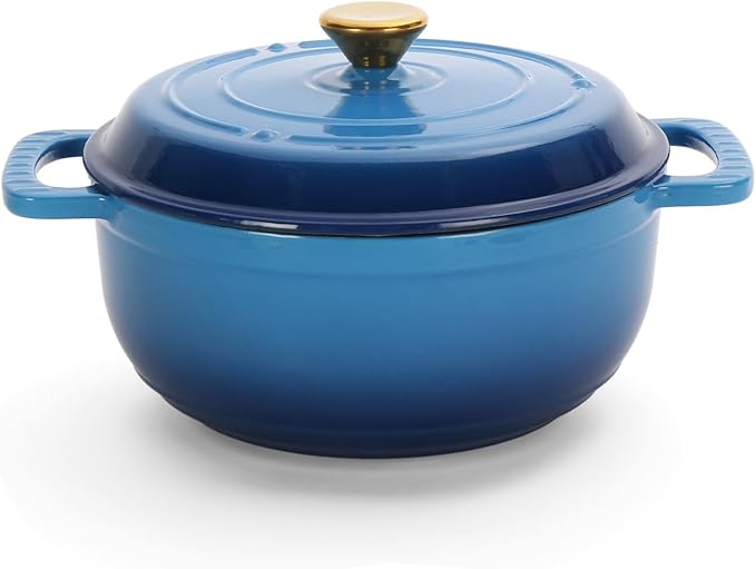 Dutch Oven Pot with Lid, 5 Quart Enameled Cast Iron Dutch Oven, Dual Handles, Kitchen Pots Oven Safe up to 500째F, Stovetop Compatible, Marinate, Cook, Bread Baking, Refrigerate & Serve, Blue