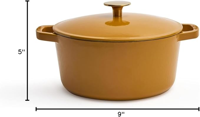 Milo by Kana 3.5-quart Enameled Cast Iron Dutch Oven with Lid | Premium Casserole Cooking Pot | Enamel Coating Inside and Out | Oven Safe and Dishwasher Friendly (Dijon with Gold Knob)
