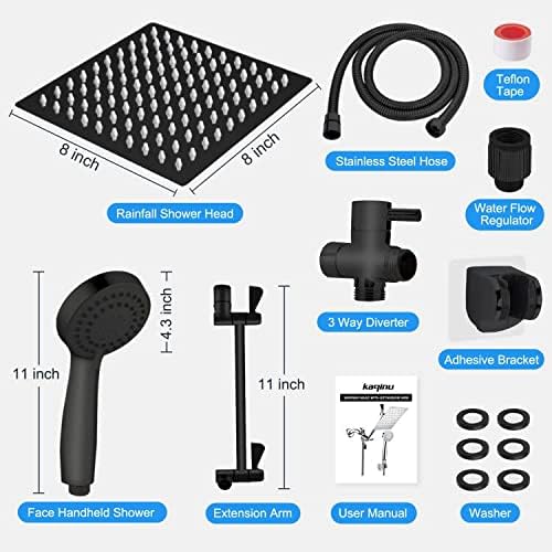 Shower Head, Kaqinu 8'' High Pressure Rainfall Shower Head/Handheld Showerhead Combo with 11??Extension Arm, Anti-leak Shower Head with Holder/Hose, Flow Regulator - Matt Black