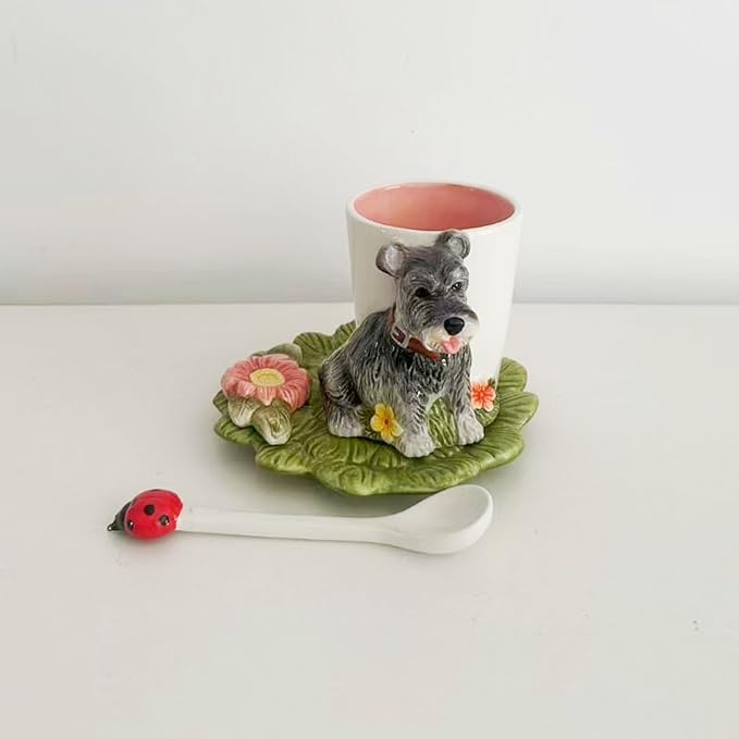 Ceramic Animal Coffee Mug Cup and Saucer Set竊?00ML(6.8OZ) 3D Hand-painted Tea Cup with Spoon (Grey)