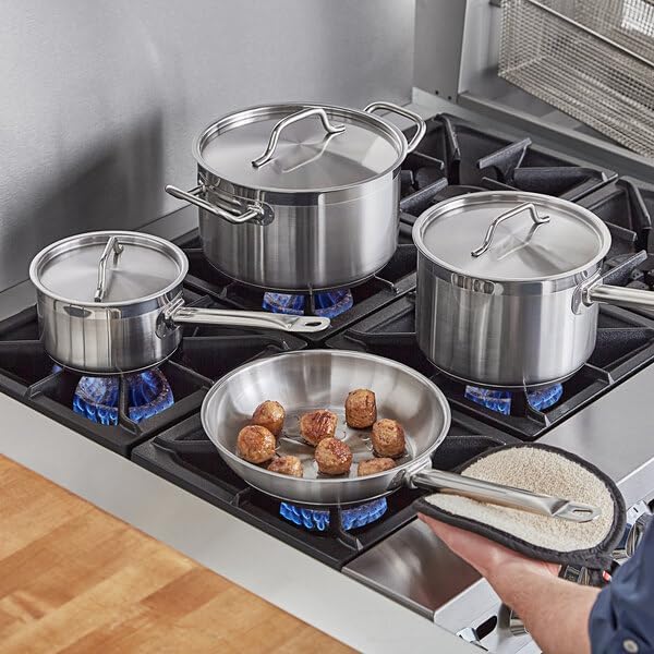 SS1 Series 7-Piece Induction Ready Stainless Steel Cookware Set, Silver, Aluminum-Clad Bottom, 2-6.75 Qt Sauce Pans with Lids, 9.5" Fry Pan