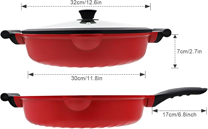 2-In-1 Nonstick Deep Frying Pan Skillet, 12.5 Inch Saute Pan with Lid Non Toxic, PTFE & PFOA Free, Compatible with All Stovetops-Red
