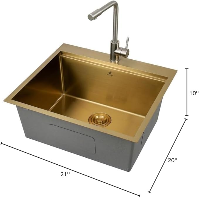 STARSTAR Workstation Ledge Top Mount/Drop-in Gold 304 Matte Stainless Steel Single Bowl For Kitchen,Yard, Office, Bar, Laundry Sink (21 x 20 x 10)