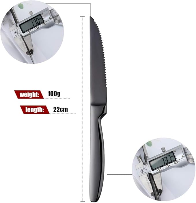 Black Steak Knife Sets, 6-Pieces Stainless Steel Kitchen Steak Knives-Easy to Clean and Non-Stick, 8.6 Inch, Dishwasher Safe