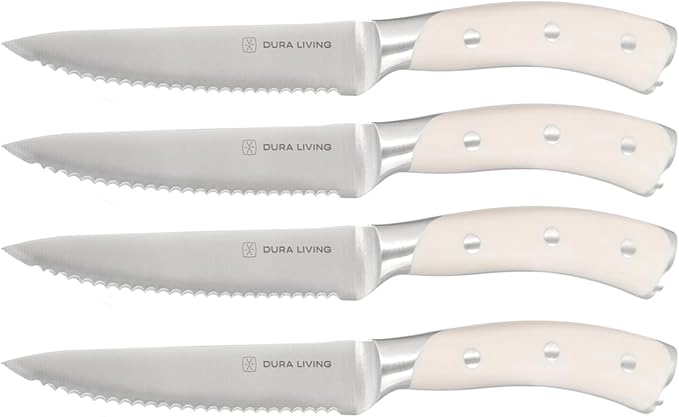DURA LIVING 8-Piece Serrated Kitchen Steak Knife Set ??Forged High Carbon Stainless Steel, Ultra Sharp, Ergonomic Black Handles, Durable Dinner Knives, Cream Handle