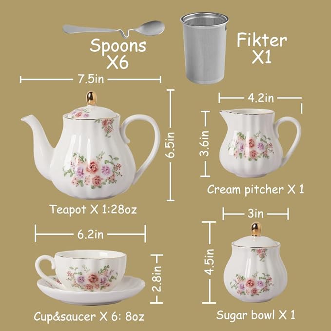 Porcelain Tea Sets British Royal Series, 8 OZ Cups & Saucer Service for 6, with Teapot Sugar Bowl Cream Pitcher Teaspoons and Tea Strainer, Suitable for High Tea, Wedding, Party(Rose Flower)