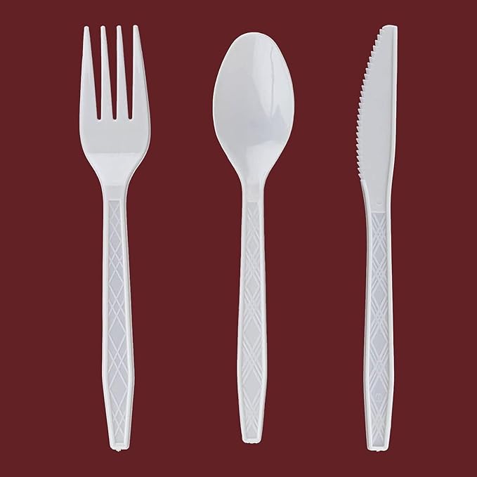 Party Bargains White Plastic Cutlery 360 pcs: 180 Forks, 120 Spoons, 60 Knives. Argyle Design, Heavy Duty & Solid Disposable Silverware Utensils Combo Pack Set for Weddings, Buffets, Luncheons