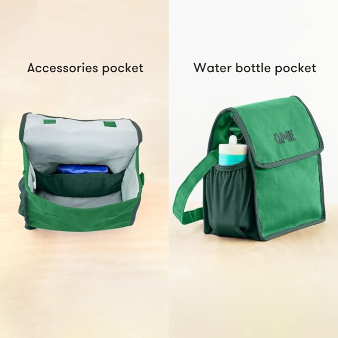Omie OmieBox Lunch Bag - Washable, Foldable, Durable, WaterResistant Fabric with Interior Pocket and External Bottle Holder (Green)