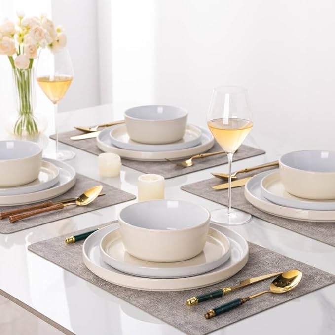 AmorArc Ceramic Dinnerware Set | Stoneware Plates and Bowls | Scratch Resistant,Dishwasher & Microwave Safe Dishes Sets-Beige3
