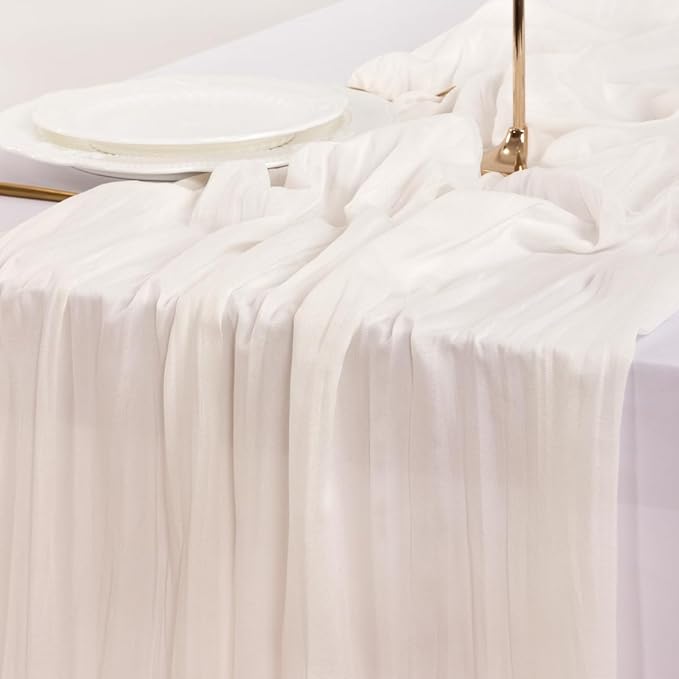 Socomi 3pcs Ivory White Cheesecloth Table Runner Valentine's Day Boho Rustic Gauze 120 inch 10FT Cheese Cloth Runner for Wedding Party Baby Shower Birthday Home Decor Holiday Decorations