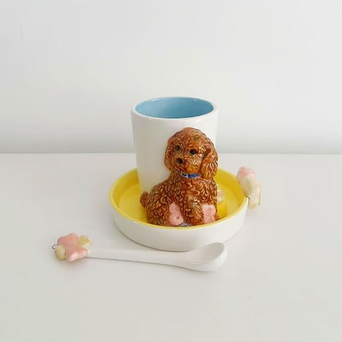 Ceramic Animal Coffee Mug Cup and Saucer Set竊?00ML(6.8OZ) 3D Hand-painted Tea Cup with Spoon (Reddish Brown)