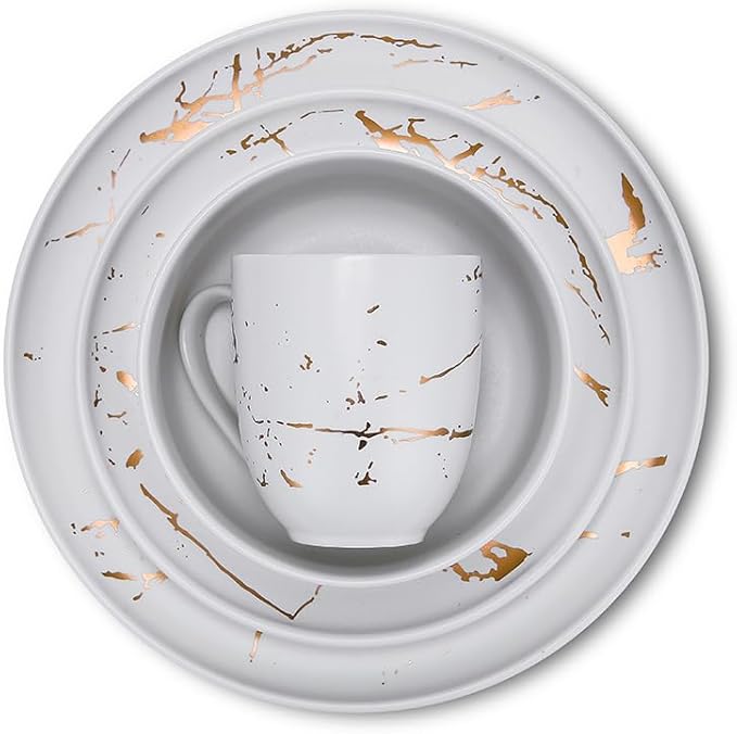 Stone Lain Porcelain 16 Piece Dinnerware set, 4 Full White Gold Splash Sets