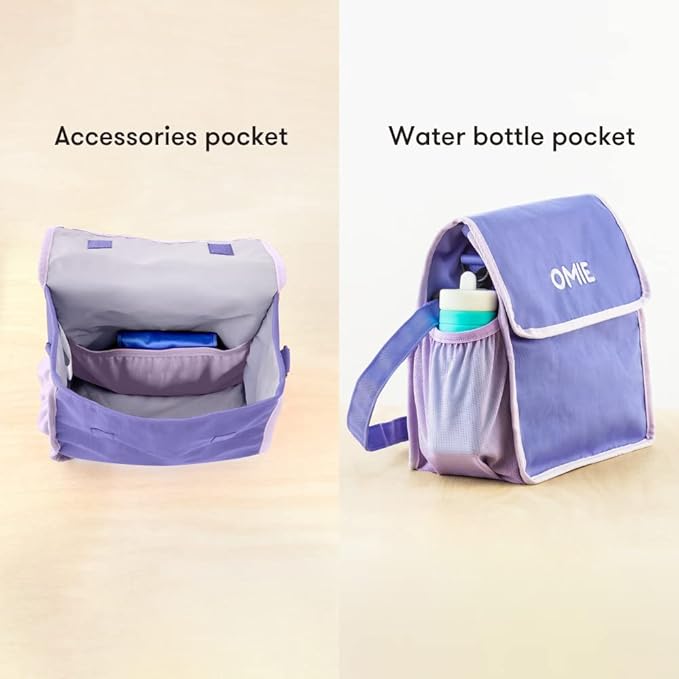 Omie OmieBox Lunch Bag - Washable, Foldable, Durable, WaterResistant Fabric with Interior Pocket and External Bottle Holder (Purple)