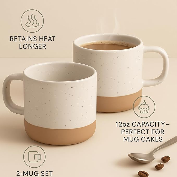 Unboxme Givenne Ceramic Coffee Mugs Set of 2, 12 oz - Handcrafted Speckled Gloss, Nature-Baked Base, Microwave Safe