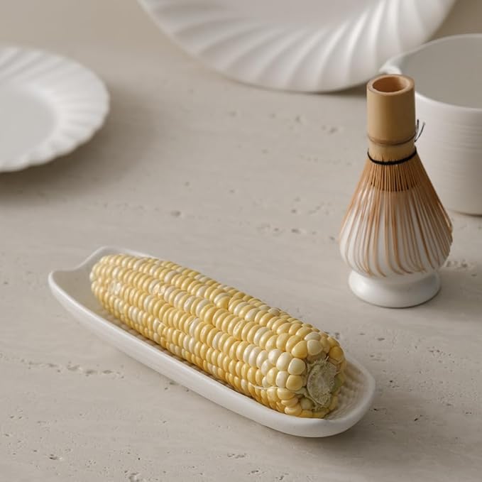 WENSHUO Ceramic Corn Cob Holders, Corn Dishes Set of 4, Microwave Safe, L9 * W3, Nacre White