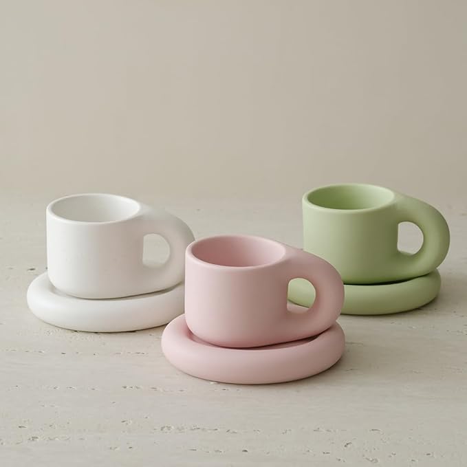 WENSHUO Chubby Funny Coffee Mug, Novelty Cute Cup and Saucer, Matte Cr챔me, 9 oz (Matte Soft Pink)