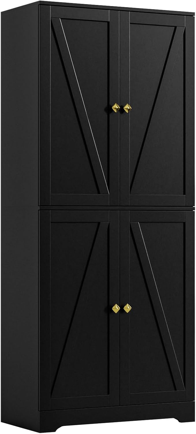 LYNSOM Kitchen Pantry Storage Cabinet 72??Tall, Farmhouse Pantry Cabinet with Barn Doors and Adjustable Shelves, Black Storage Cabinets for Kitchen, Dining Room