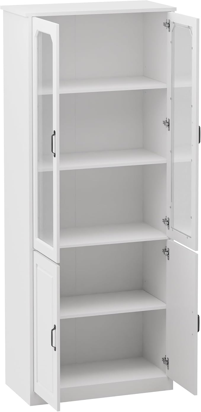 MU 78.7" Tall Kitchen Pantry with 2 Glass Doors, Freestanding China Cabinet with Adjustable Shelves, Large Kitchen Pantry Storage Cabinet Cupboard for Dining Room, Living Room, White (Large, 31.5" W)