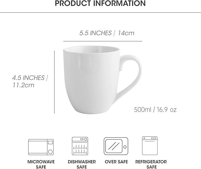 16OZ Ceramic Coffee Mugs Set, Large White Coffee Cups with Handles, Porcelain Mug Sets for Milk, Tea, Latte, Mocha, Cocoa, Cappuccino, Dishwasher Safe, Cups Gift for Holiday & Anniversary (4PCS)