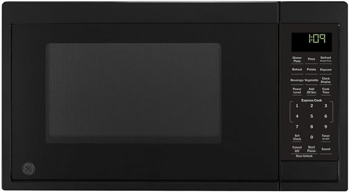 GE Countertop Microwave Oven, Compact 0.9 Cubic Ft., 900-watt Capacity, 7 Auto Cooking Settings, Child-Lock Technology, Kitchen Essentials for the Countertop, Dorm Room or Apartment, Black