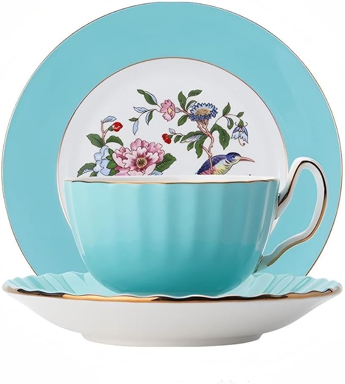 Aynsley Pembroke Glaze Oban 2-Piece Fine Bone China Teacup & Saucer - 6oz (180ml), Handpainted Floral with Gold Trim - Vintage Gift Set-Turq