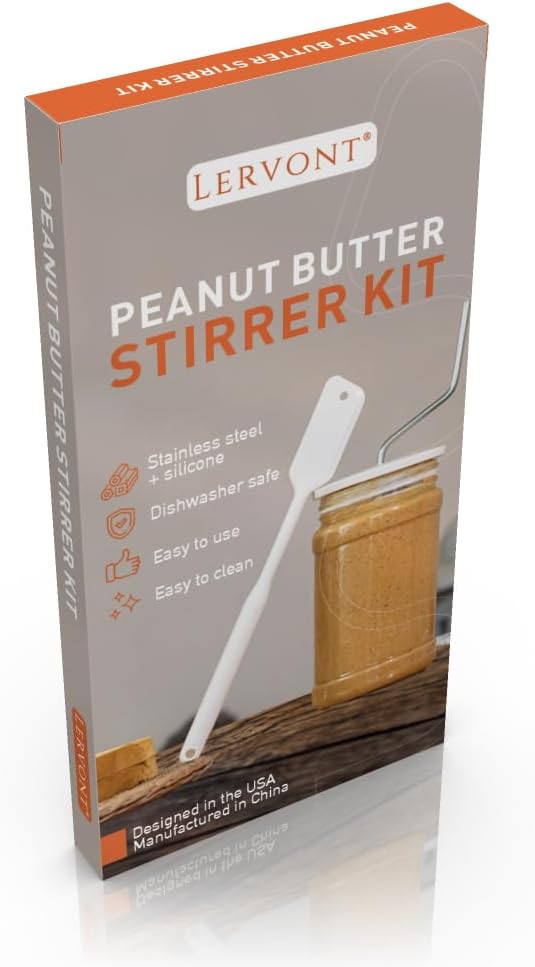 Natural Peanut Butter Stirrer Kit | Fits 16 - 26 OZ Jars | Includes Stainless Steel Bar & Spill-Resistant Silicone Lid | 10??Silicone Jar Spatula (BPA Free) | For Mixing Various Butter & Jam