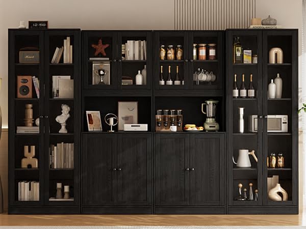 VOWNER 3PCS Bookshelf and Bookcase, 5-Tier Modern Bookshelves with 3 Large Drawer, Glass Display Cabinet with Lager Storage Shelf, Combination Storage Shelves for Home Office (Black)