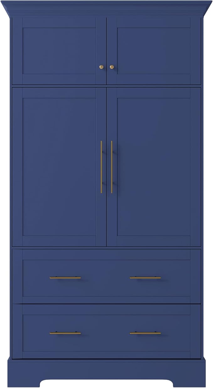 Merax 72.6" Farmhouse Kitchen Pantry Cabinet with Pull-Out Trays & Drawers, Freestanding Pantry with Cake Pan Storage, 4-Door Shaker Style Storage Cabinet, 40" L x 18" W, Blue