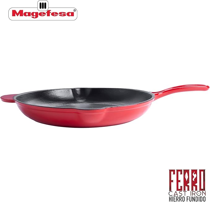 Magefesa FERRO 12.2" Enameled Cast Iron Red Skillet, Superior Heat Retention & Distribution, Compatible with All Cooktops, Induction & Oven Safe, Energy-Efficient, Durable, Easy to Clean