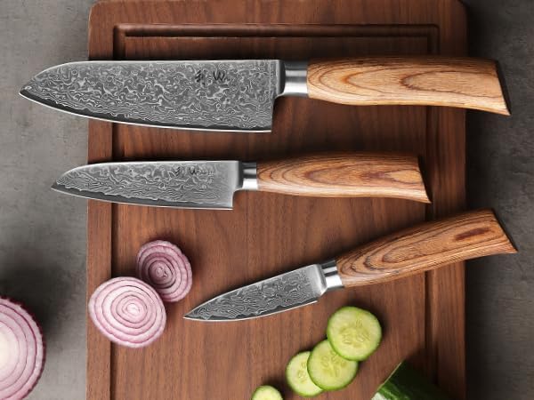 Wakoli EDIB Pro 3-Piece Damascus Kitchen Knife Set in Gift Box ??Sharp Knives Set made of Genuine Damascus Steel (VG10 Core) ??Santoku, Small Santoku & Paring Knife ??Ergonomic Pakkawood Handles