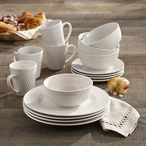 Elle D챕cor Juliette Round Dinnerware Set ??16-Piece Porcelain Dinner Set w/ 4 Dinner Plate, 4 Salad Plates, 4 Bowls & 4 Mugs ??Unique Gift Idea Any Special Occasion or Birthday