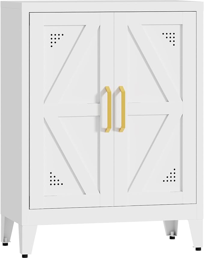 32" Metal Kitchen Pantry Cabinet,Floor Bathroom Storage Cabinet with 2 Adjustable Shelves,Freestanding Sideboard for Small Spaces, Living Room, Hallway, Dining Room,White