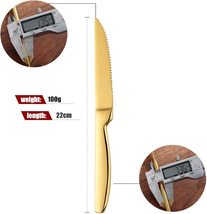 Gold Steak Knives Set of 6, Stainless Steel Serrated Kitchen Knife Set, Heavy Duty Dinner Knives for Cutting Meat, Beef, 8.6 Inch, Dishwasher Safe