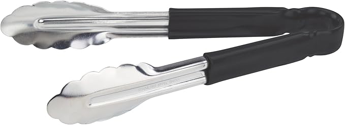 Winco 9" Stainless Steel Serving Tongs with Plastic Handle, Black