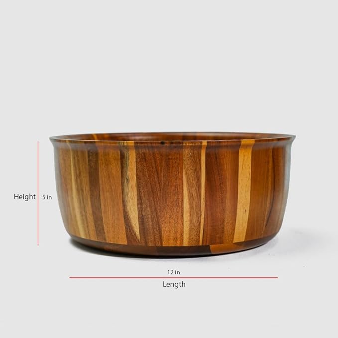 Extra Large Wooden Salad Bowl - 12??x 5??Acacia Wood Serving bowl with 2 servers, Large Fruit bowl for food with serving utensils, Housewarming Wedding Christmas Gift