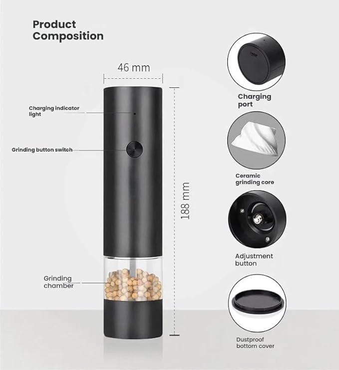 Electric Salt and Pepper Grinder Set With Battery Rechargeable, External Adjustable Coarseness, Automatic Ceramic Salt & Pepper Shakers Mills(Black)