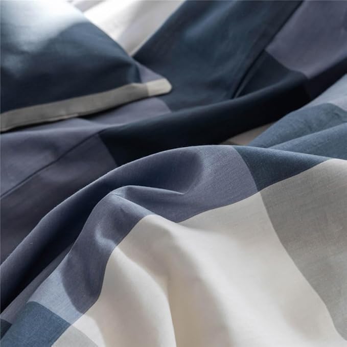 Plaid Comforter Set Blue White Checkered Bedding Comforter King Size Fluffy Soft Geometric Plaid Grid Comforter Set for All Seasons Farmhouse Bedding Set Checkered Pattern Comforter with 2 Pillowcases